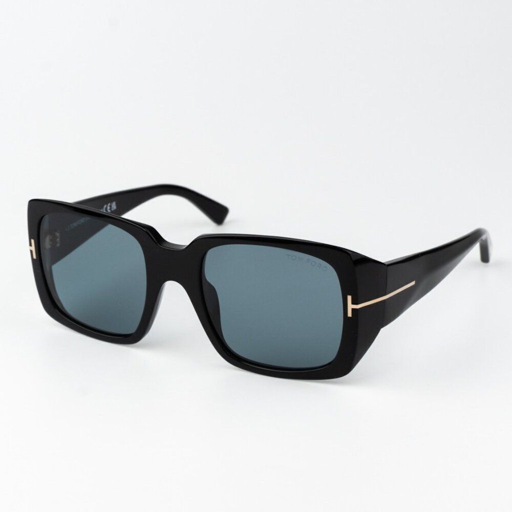 Tom Ford Women Sunglasses Ryder-02 Shiny Black Blue Rectangle FT1035 01V NEW
